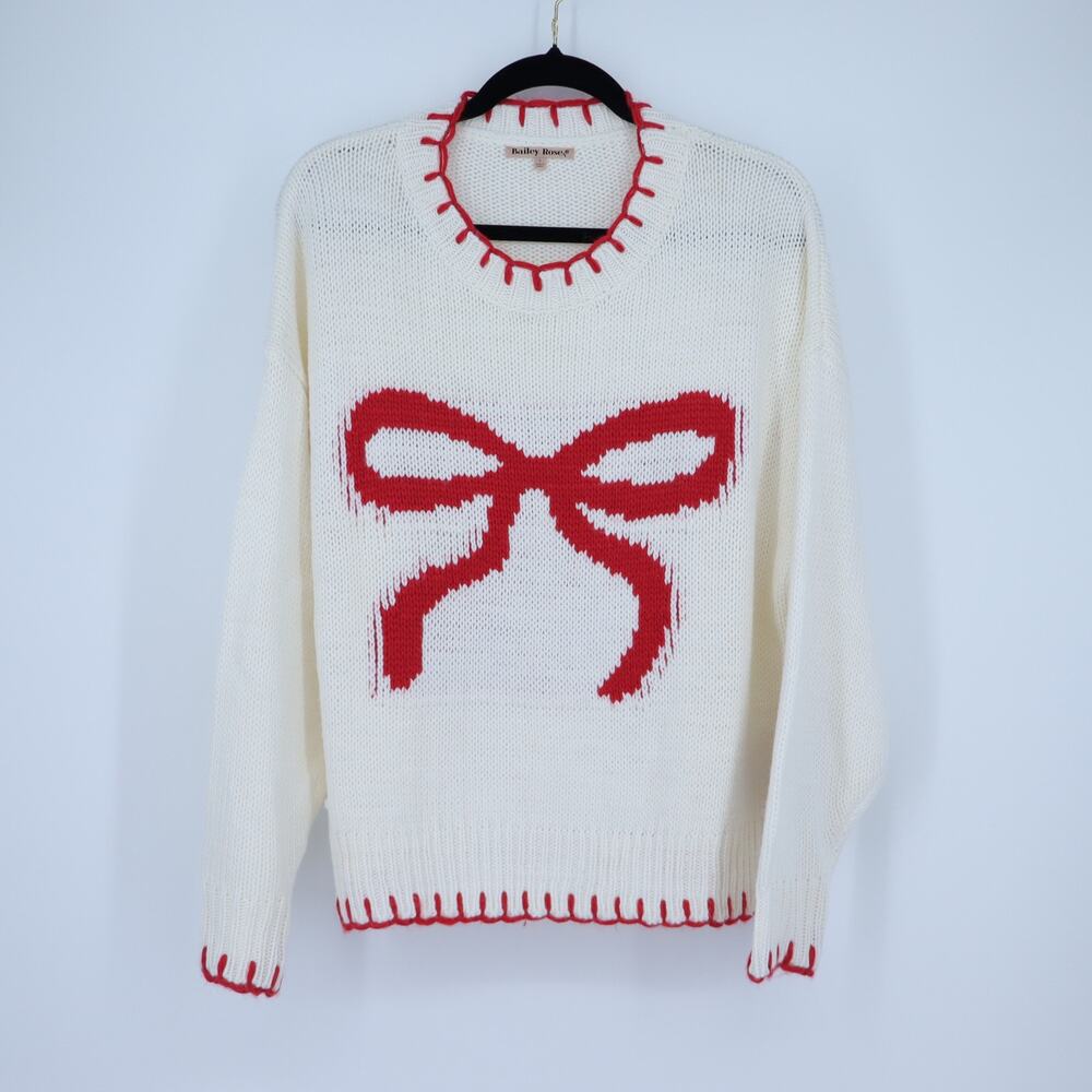 Bailey Rose Bow Pullover Sweater Cream and Red NWT Long Sleeve Women's S